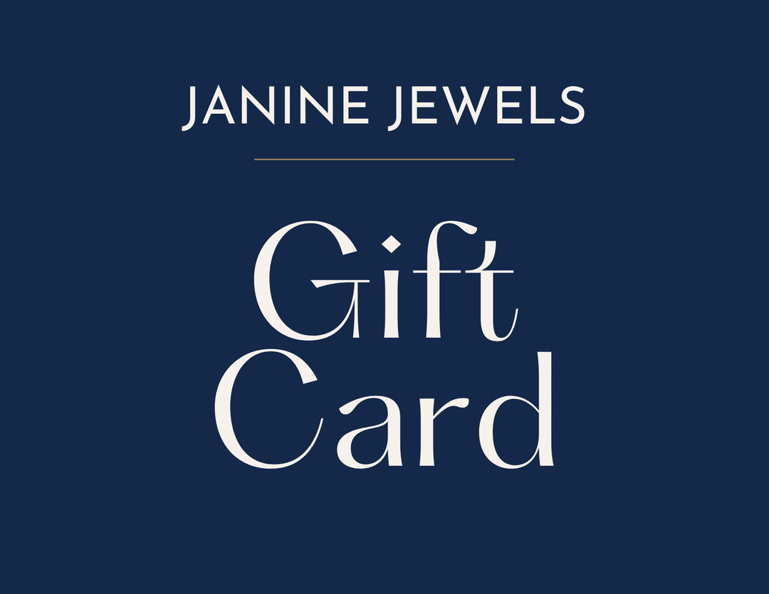 Blue image with white text saying gift card and Janine Jewels.