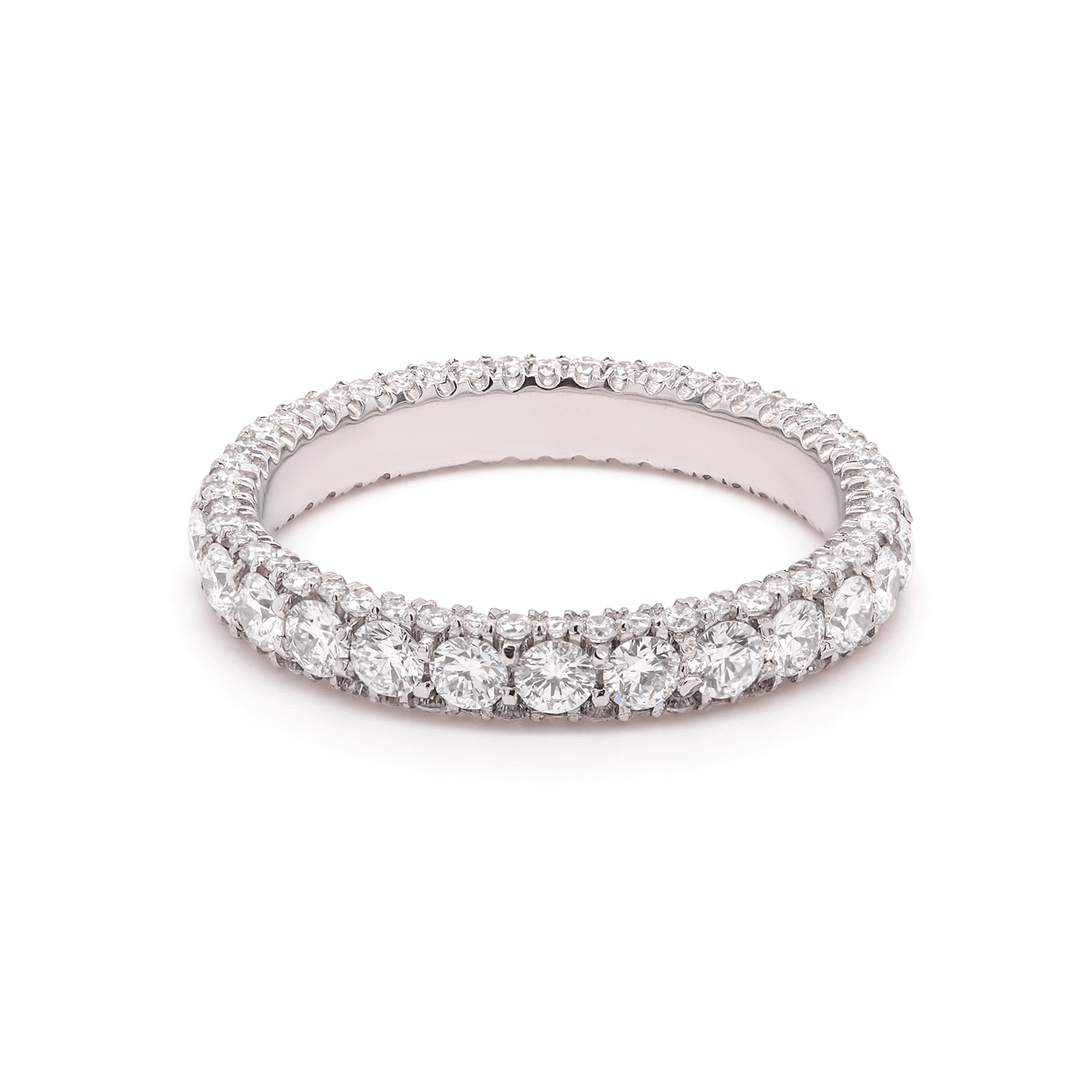 Dazzling platinum and lab-grown diamond eternity ring for endless possibilities. Shown on white background.