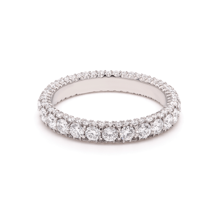 Dazzling platinum and lab-grown diamond eternity ring for endless possibilities. Shown on white background.