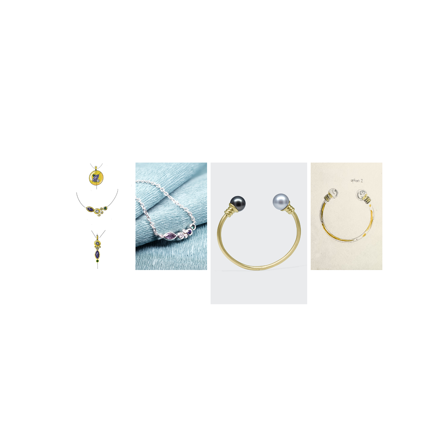 Custom jewellery design drawings with their finished and tangible counter part in gold. 3 drawings of necklace designs and one drawing of bracelet design.