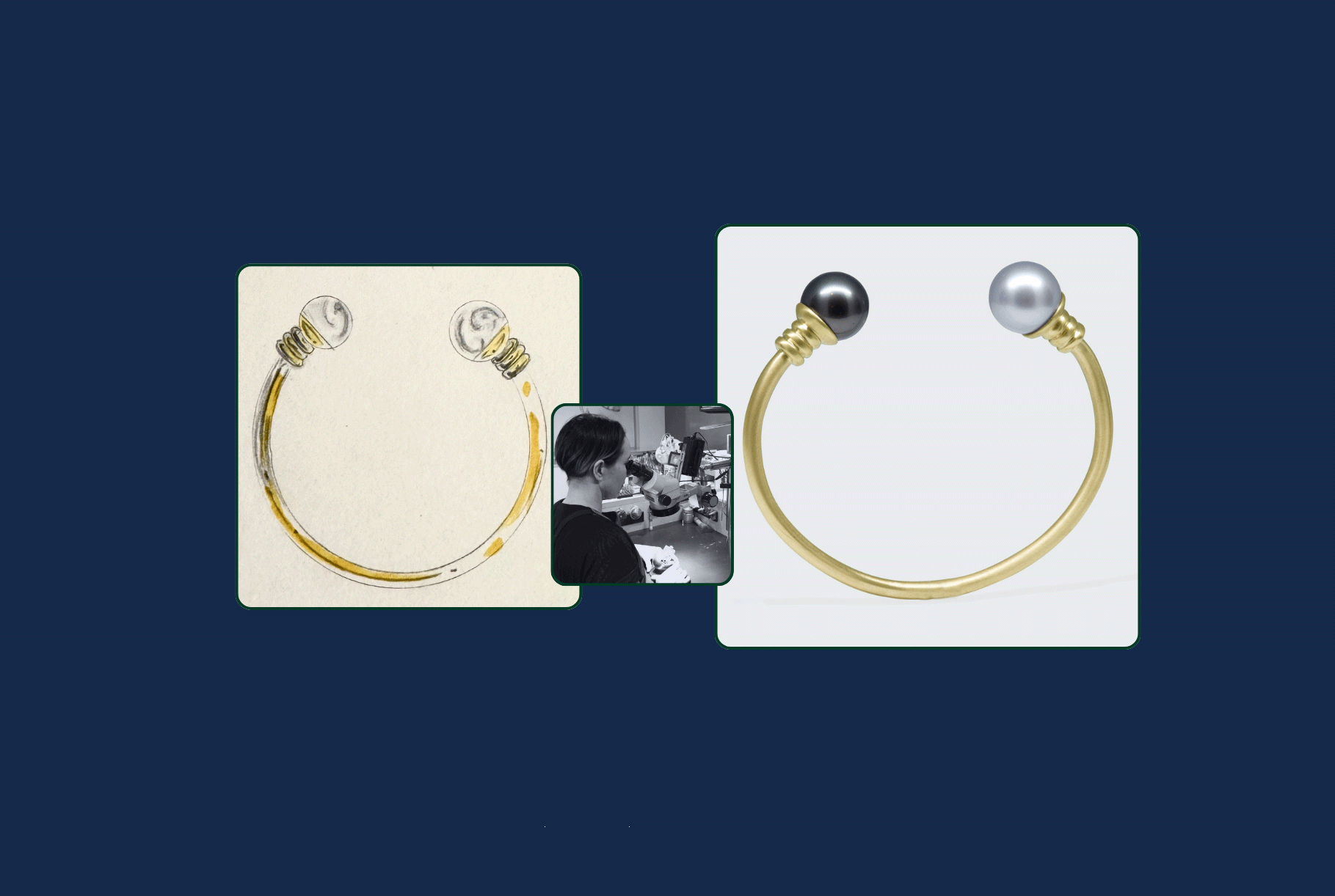 A gold cuff bracelet featuring two pearls, one black and one white, shown alongside its original design sketch and Sabrina at work. The bracelet design highlights craftsmanship and the harmonious blend of traditional and modern jewellery aesthetics.