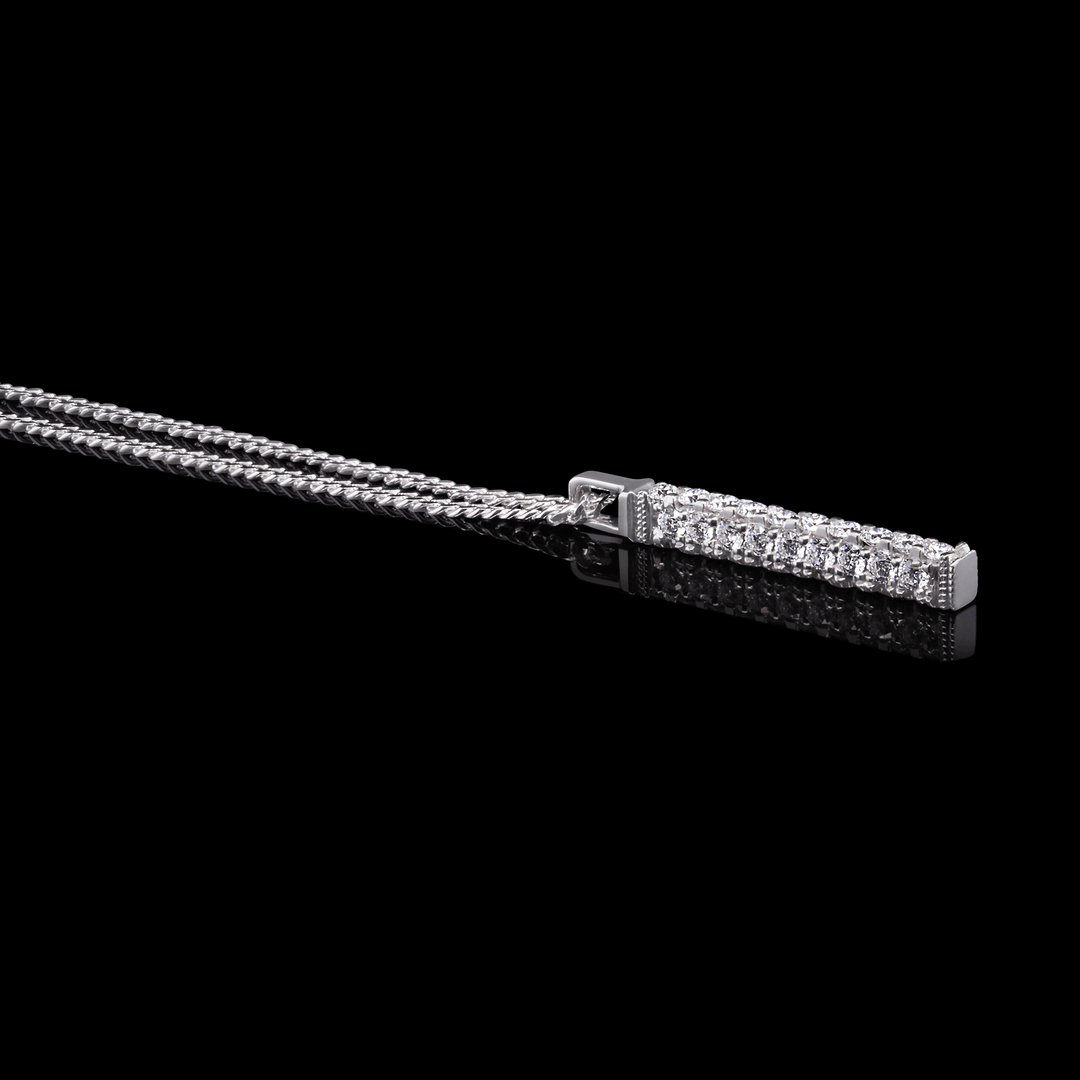 Platinum bar pendant pave-set with twenty-eight round moissanites, hangs on a sleek 2mm flat silver Cuban link chain. (Black background). Side view, sitting flat.
