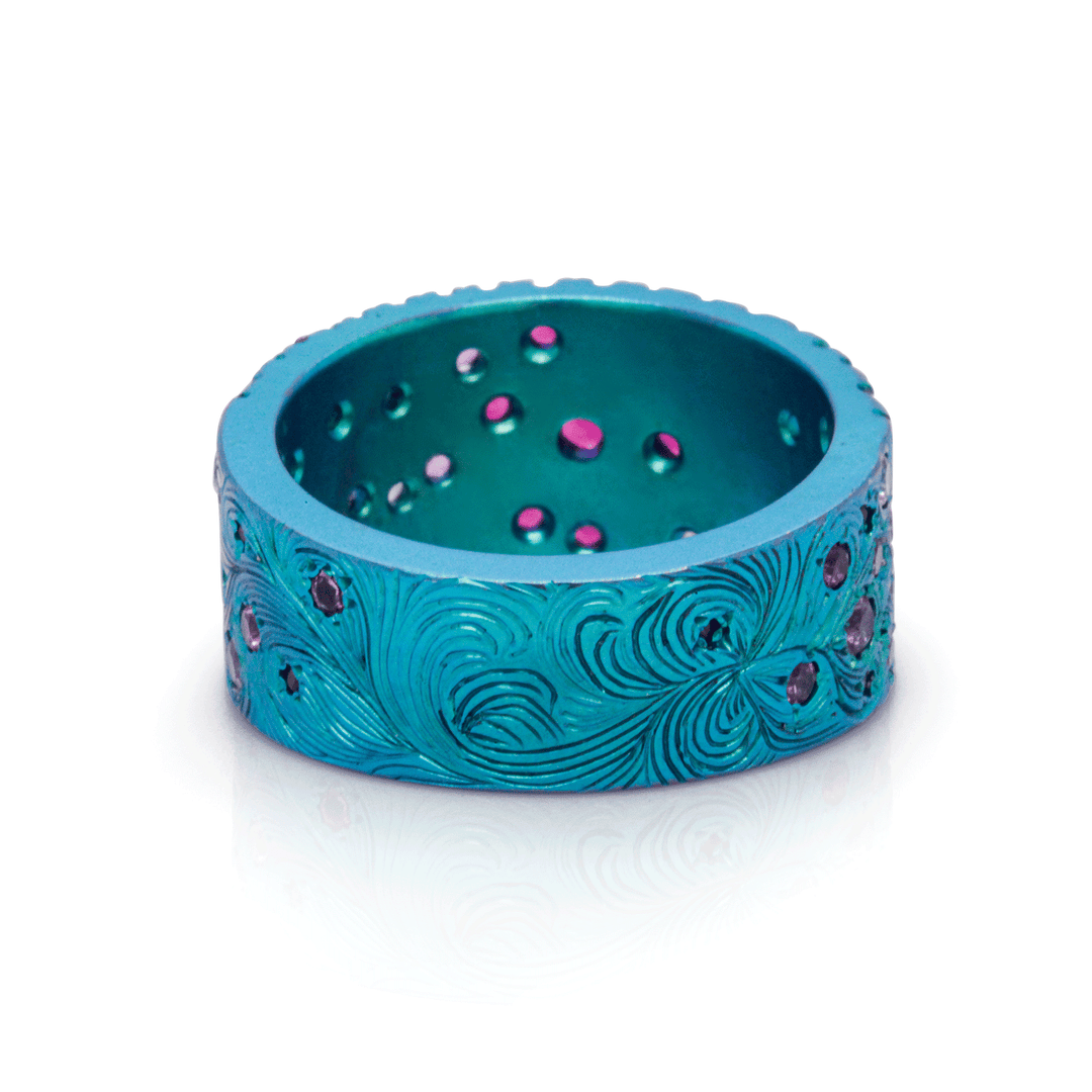 Borealis Bling - Titanium Hand-Engraved Cocktail Ring