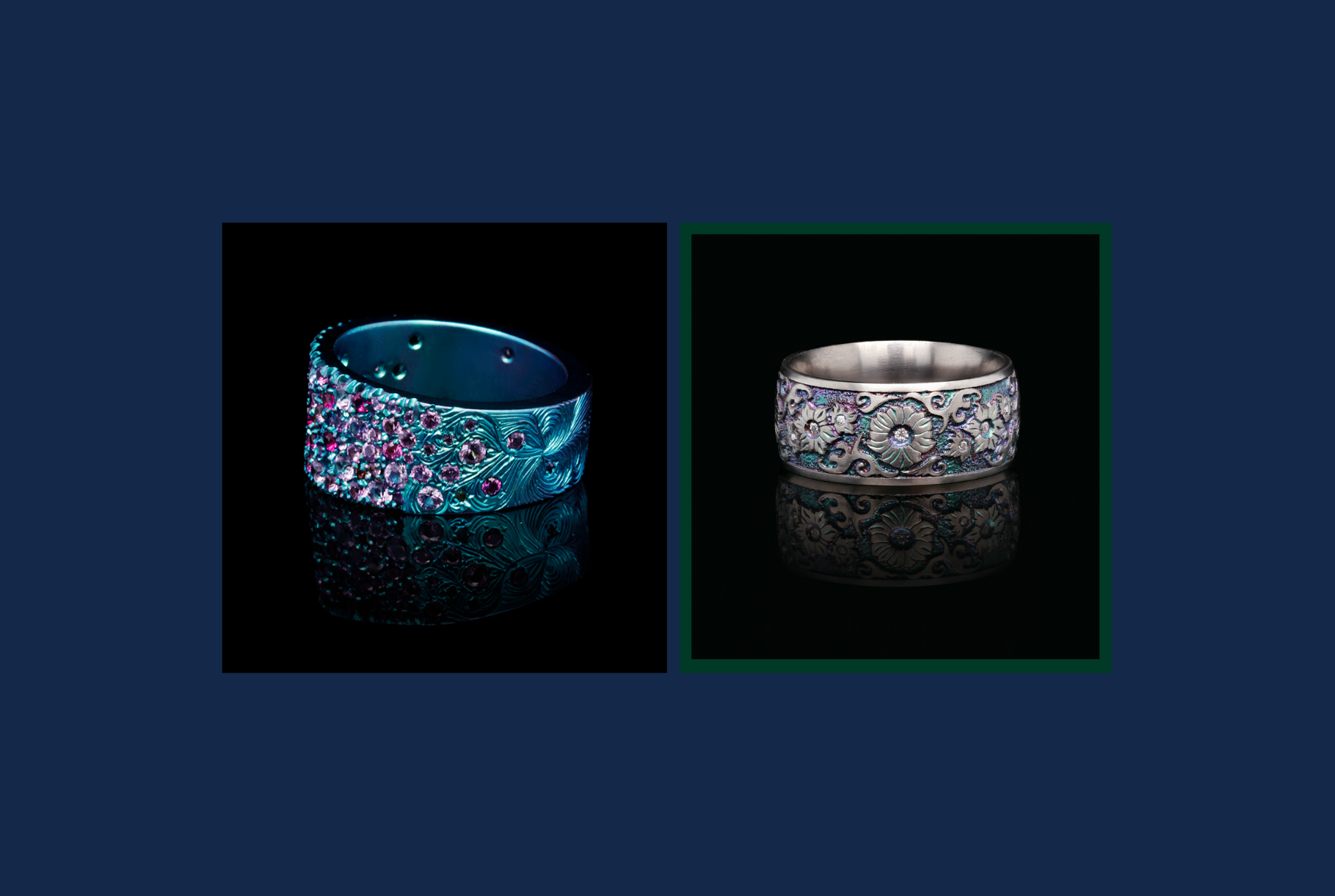 Two intricate titanium rings showcased side by side. One features vibrant lab pink sapphires in a pavé setting with engraved feather patterns, while the other highlights floral motifs and detailed engravings. Both rings reflect a modern yet artistic approach to jewellery design.