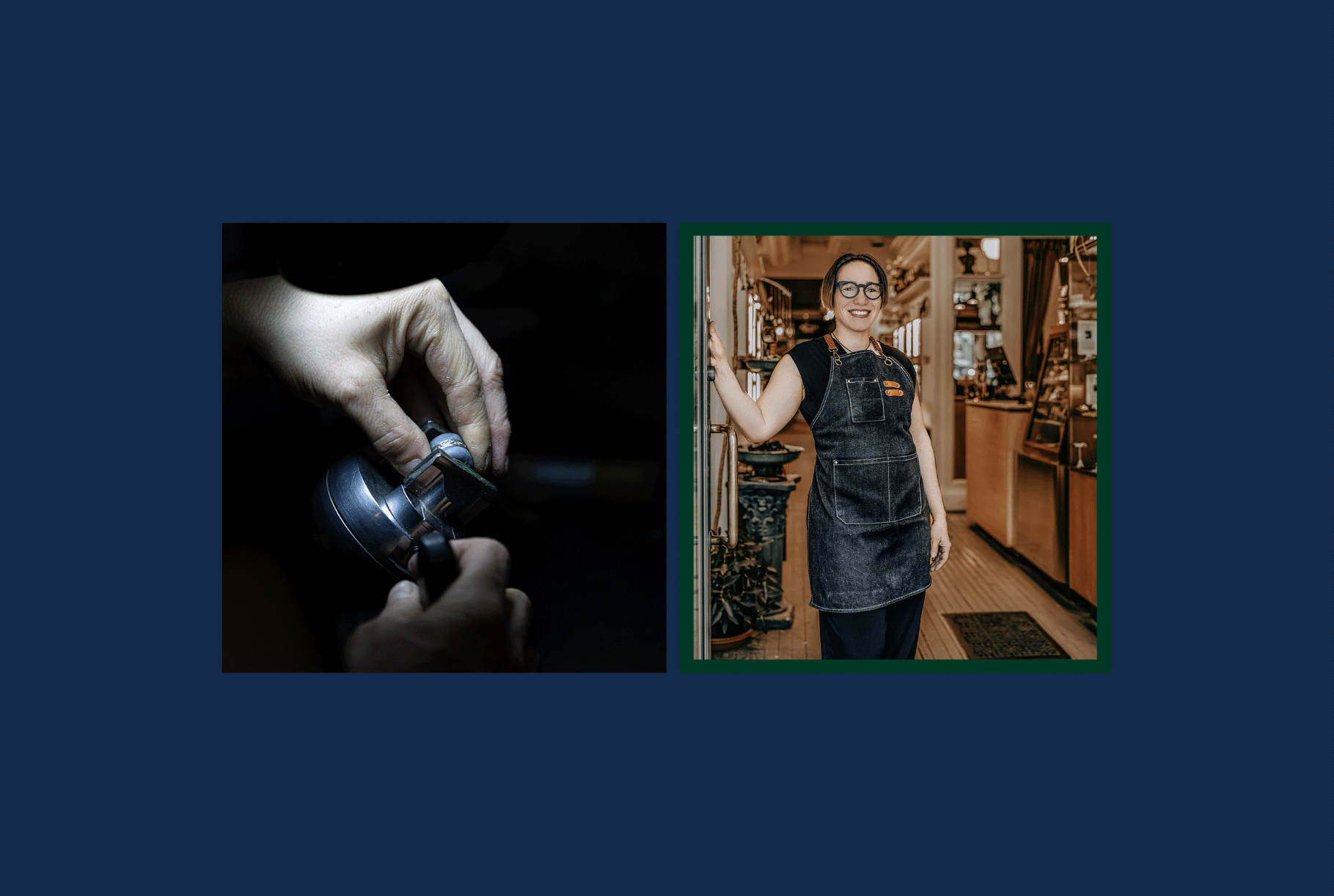 Detailed hands-on jewellery crafting with a magnifying tool, alongside sabrina in a denim apron posing in a workshop filled with warm lighting and intricate displays. A perfect blend of skill and artistry.
