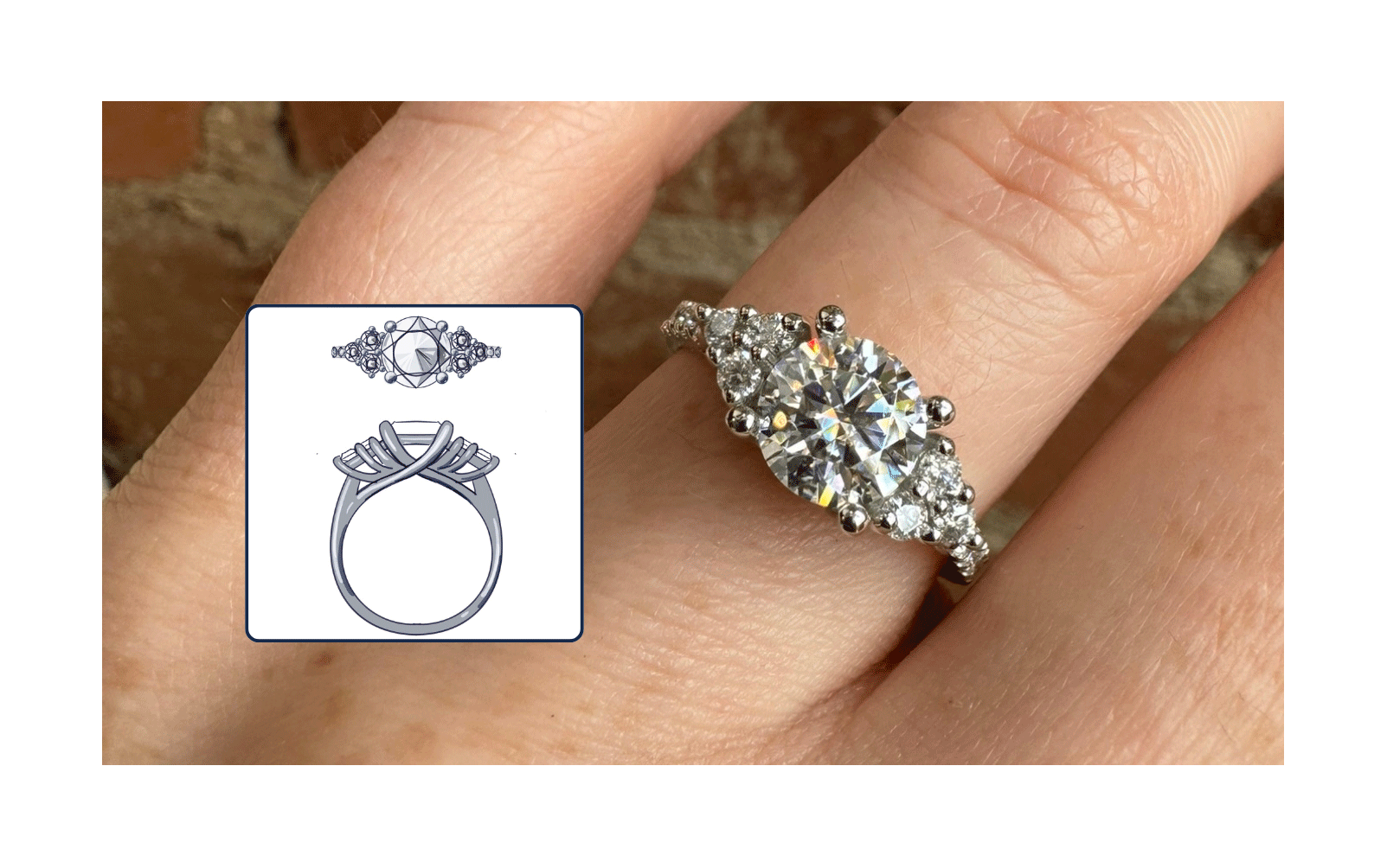 A custom-designed platinum engagement ring featuring a sparkling round moissanite center stone, accented by smaller moissanites on either side. The intricate design includes an elegant crossover band and a detailed sketch of the ring's concept, highlighting its craftsmanship and unique features.