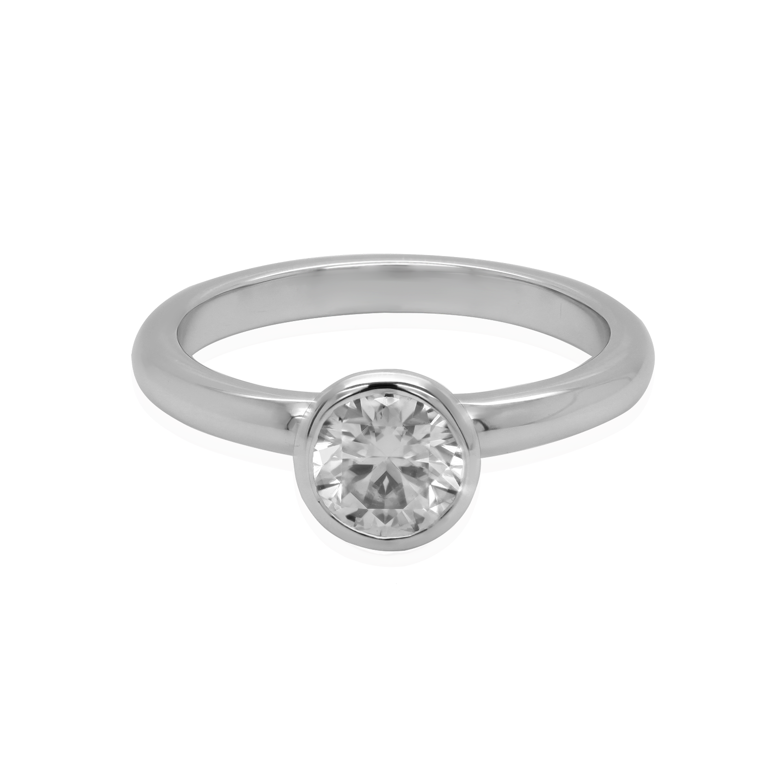 Close-up of a classic solitaire ring. The band is made of 18K white gold and features a single, sparkling moissanite gemstone in the center.