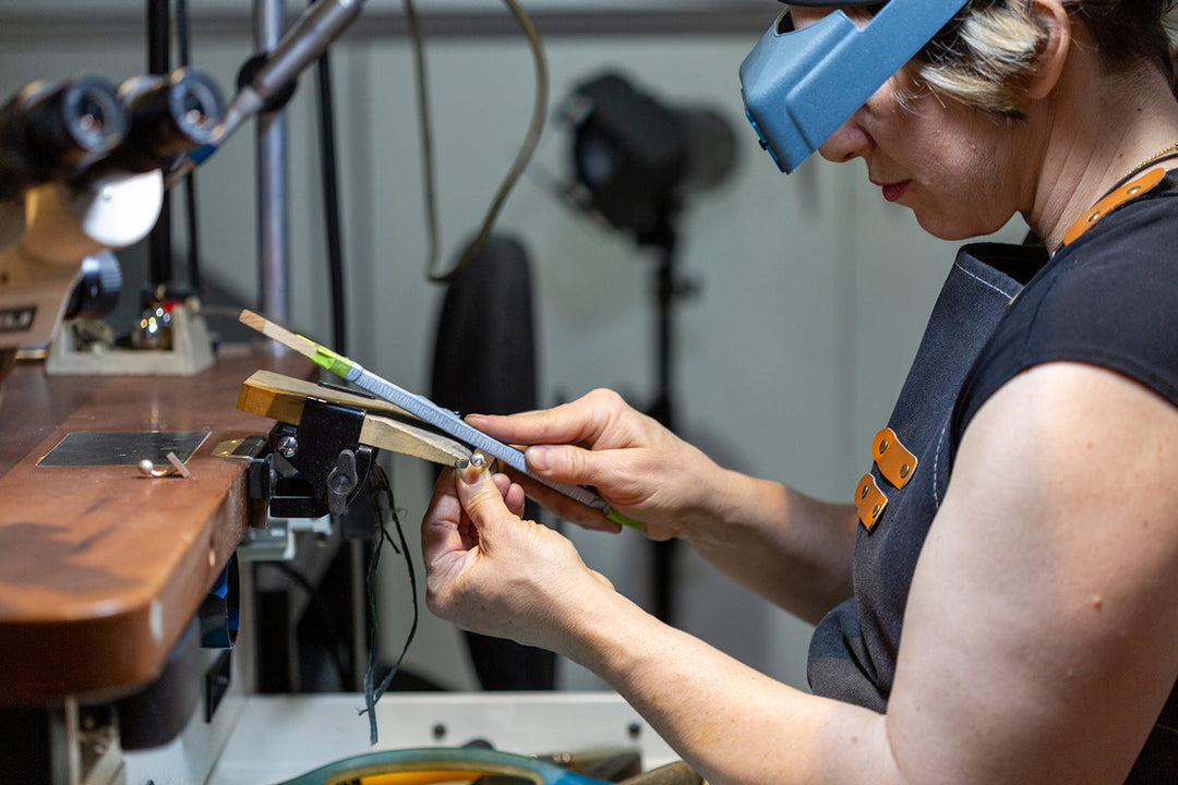 Sabrina Melendez, private jeweller, working at her bench in her Toronto studio