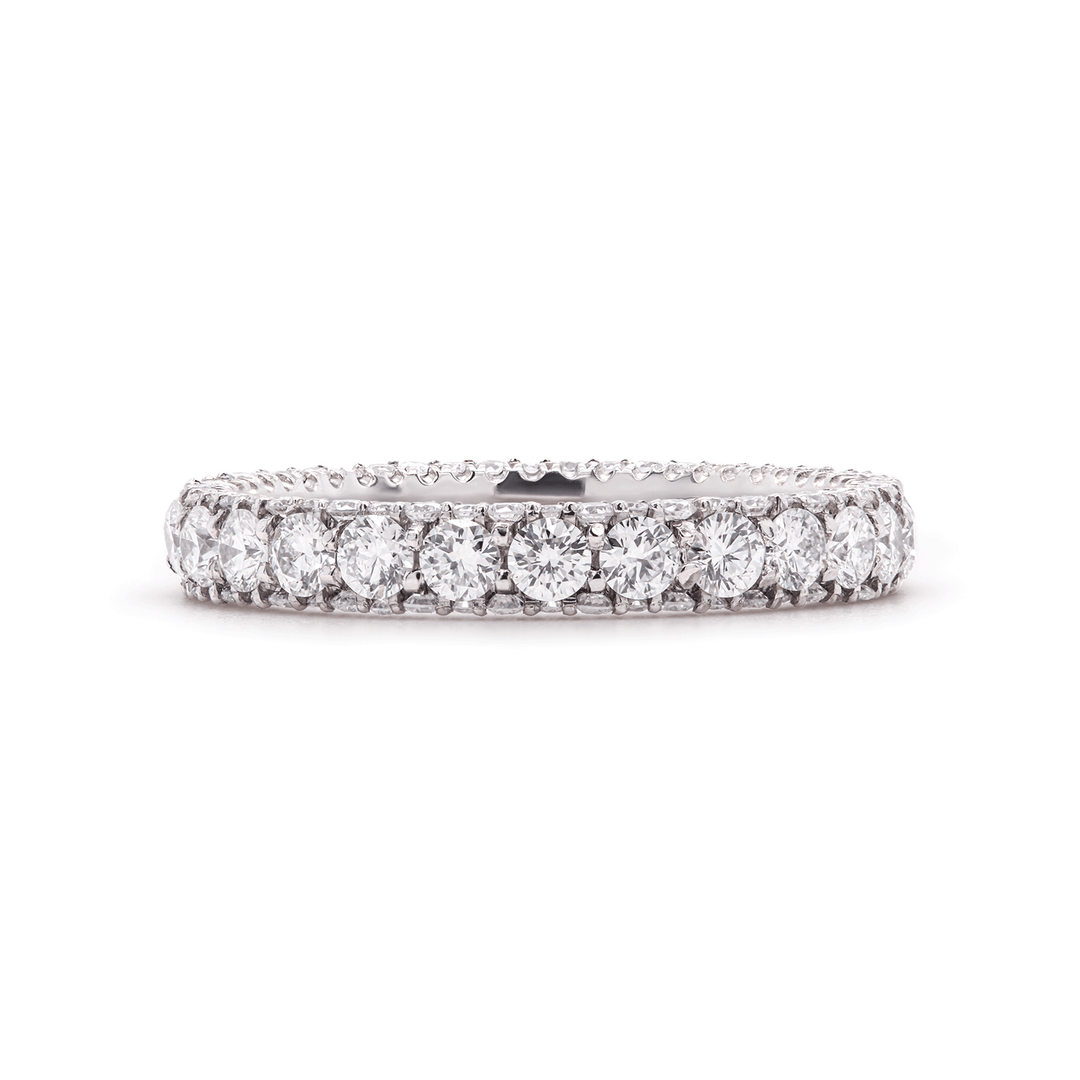 Front view of unisex platinum eternity ring with sparkling lab-grown diamonds, on white background.