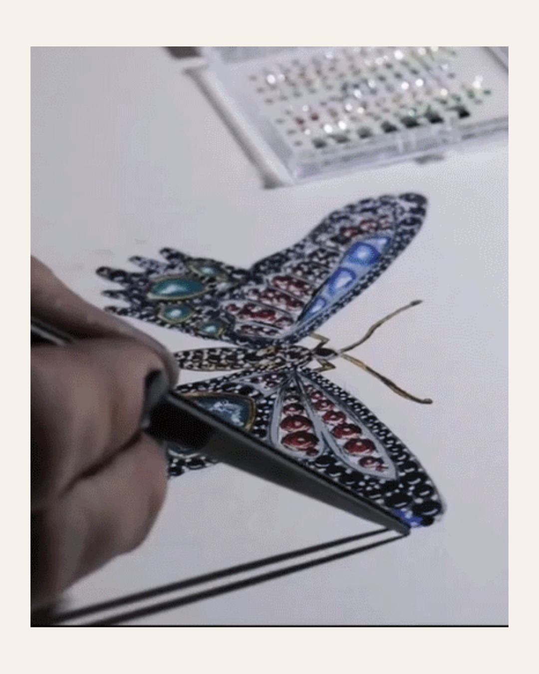sabrina's hand- painting a jewelry design of a butterfly encrusted with gemstones