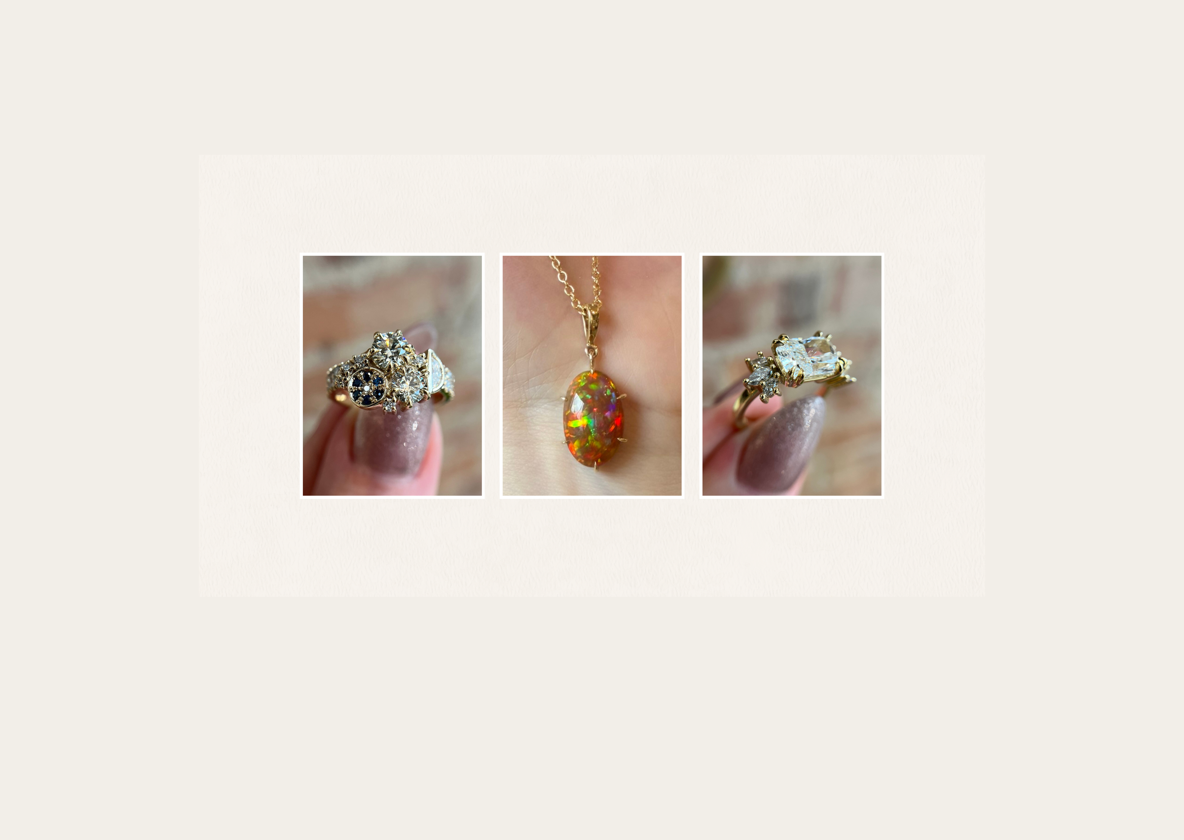 Three yellow gold rings displayed together, crafted in 18k and 14k gold and set with lab diamonds, natural diamonds, sapphires, and opal.