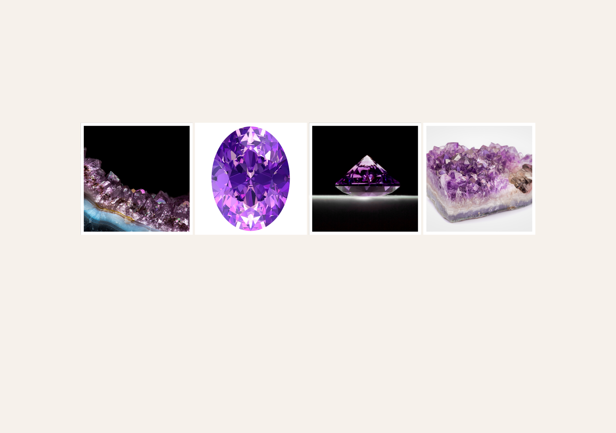 Collage of amethyst gemstones- February birthstone and crystal formations on a beige background