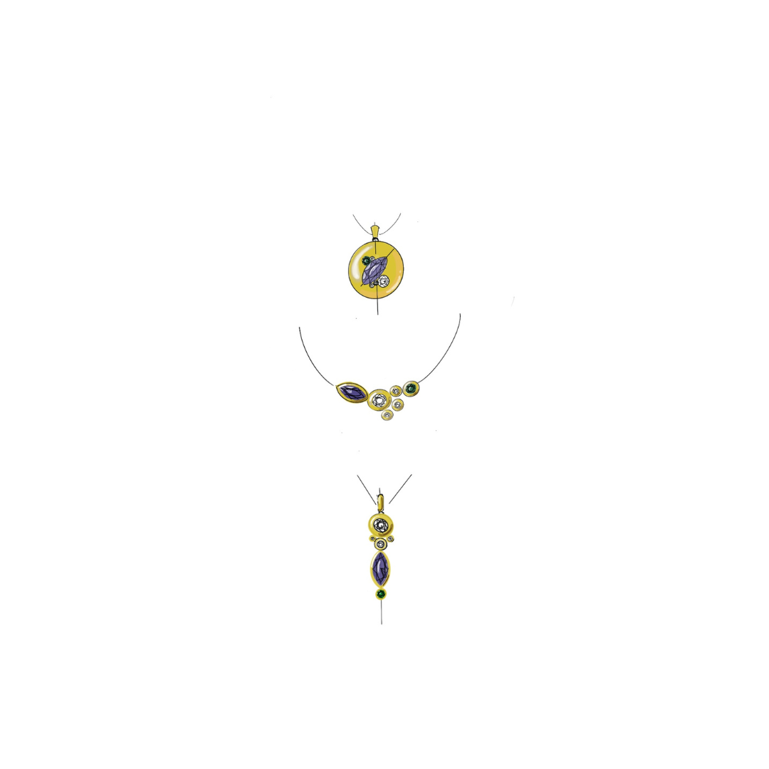 A design sketch of three pendant options, showcasing intricate layouts with marquise-cut and round gemstones in various arrangements, each featuring unique configurations for a necklace design.