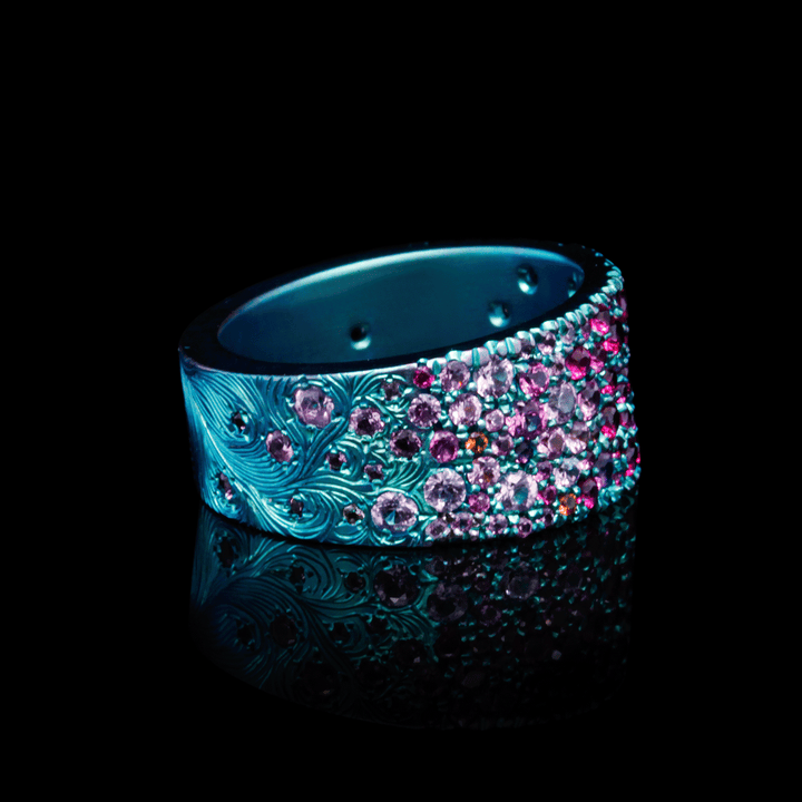Borealis Bling - Titanium Hand-Engraved Cocktail Ring