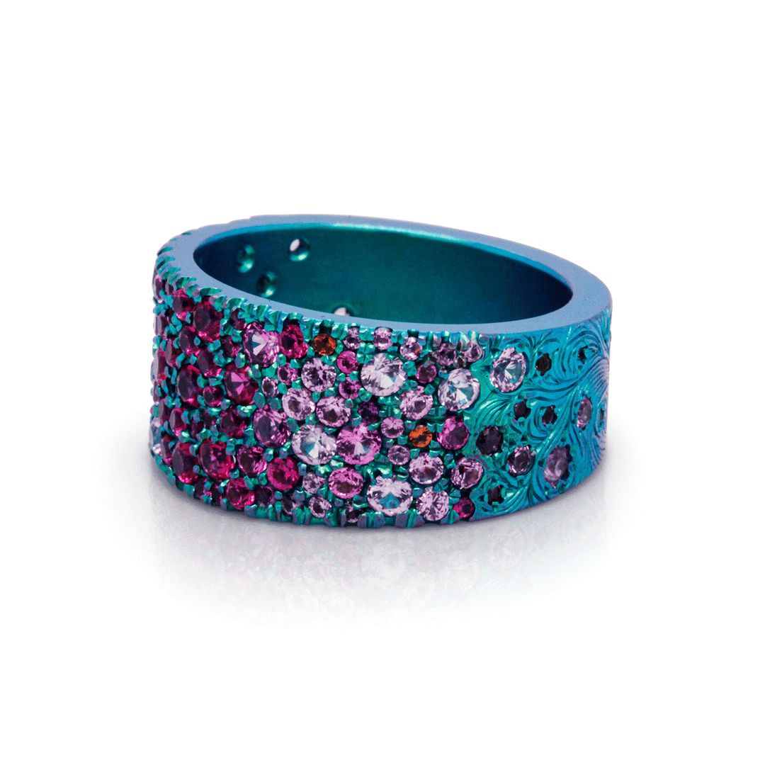 Borealis Bling - Titanium Hand-Engraved Cocktail Ring
